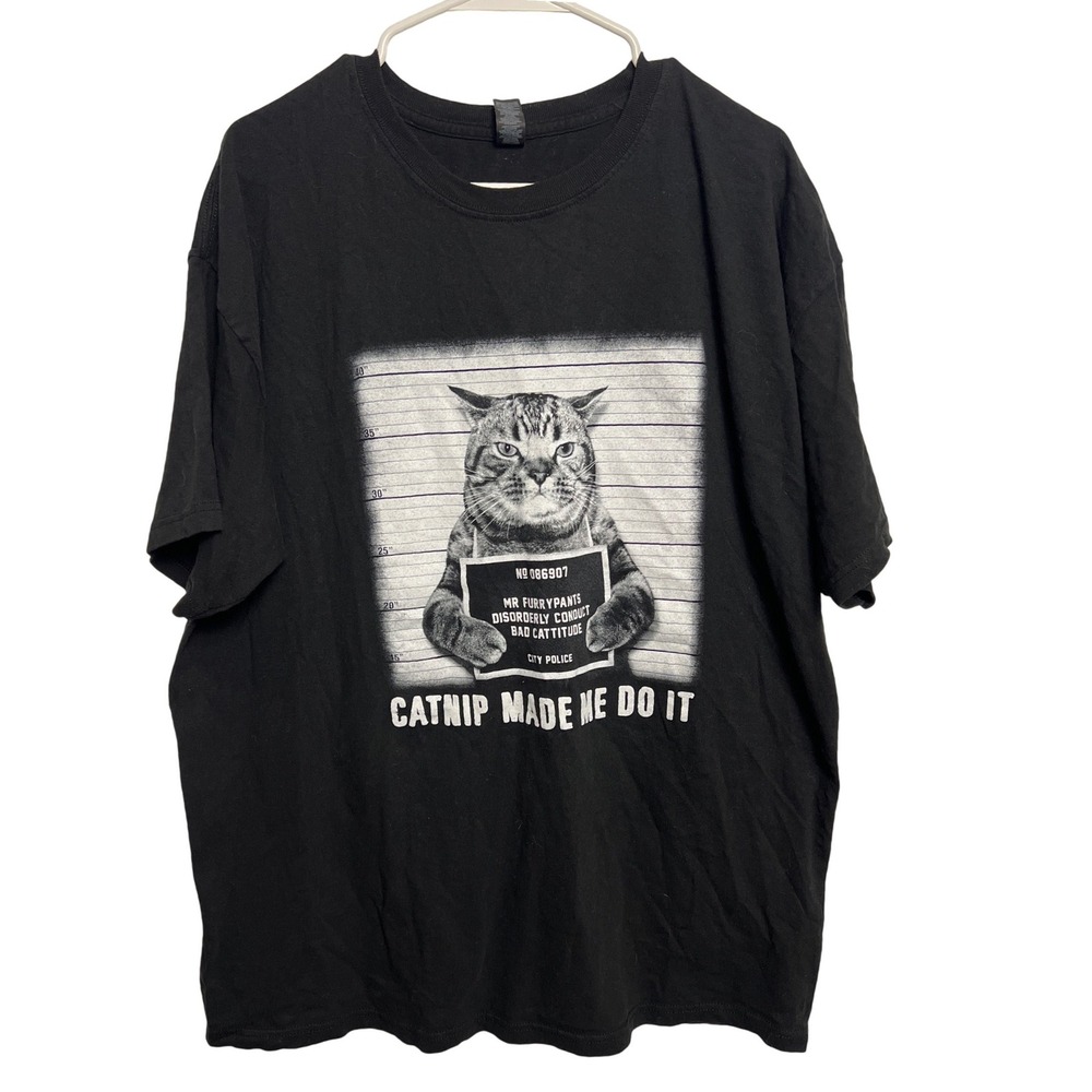 M&O‎ Gold Catnip Made Me Do It Cat Mugshot Graphic T-Shirt Black XL Mens
